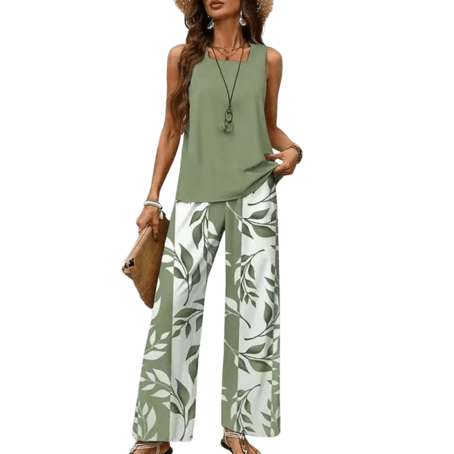 Women’s sage green sleeveless top with matching floral wide-leg pants two-piece casual outfit set featuring a relaxed fit and elegant botanical print design.