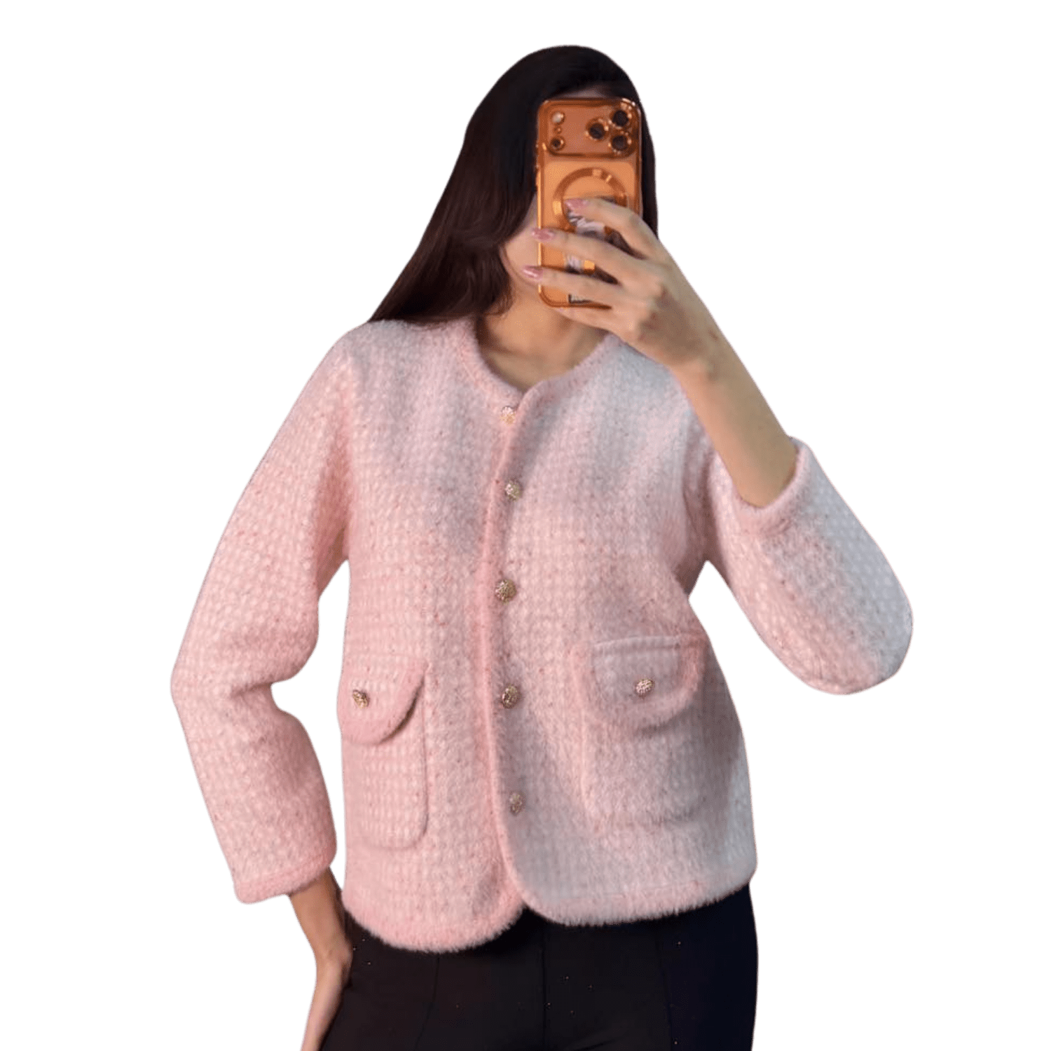 Soft pink tweed jacket with gold buttons and front patch pockets