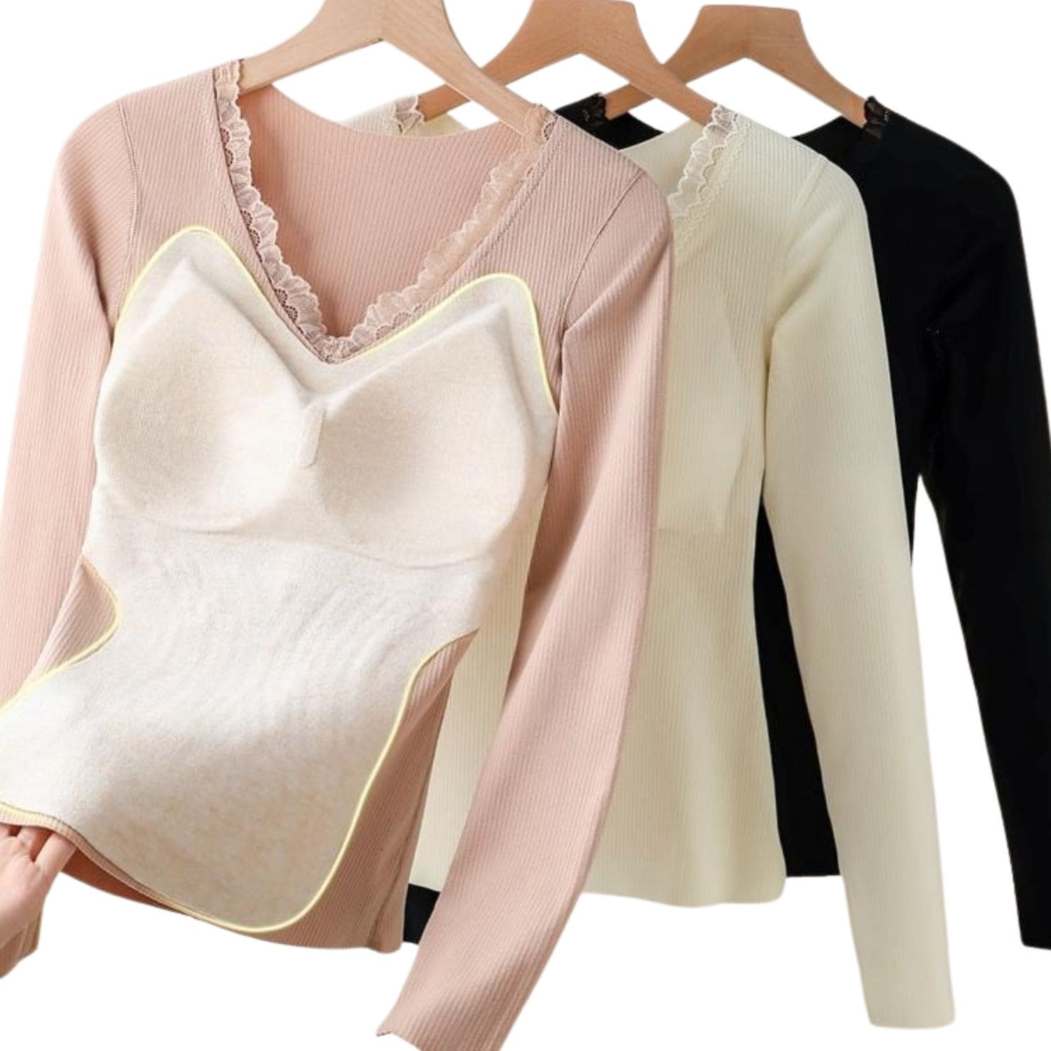 Women’s V-neck long sleeve top with lace trim and built-in thermal lining in pink, cream, and black.
