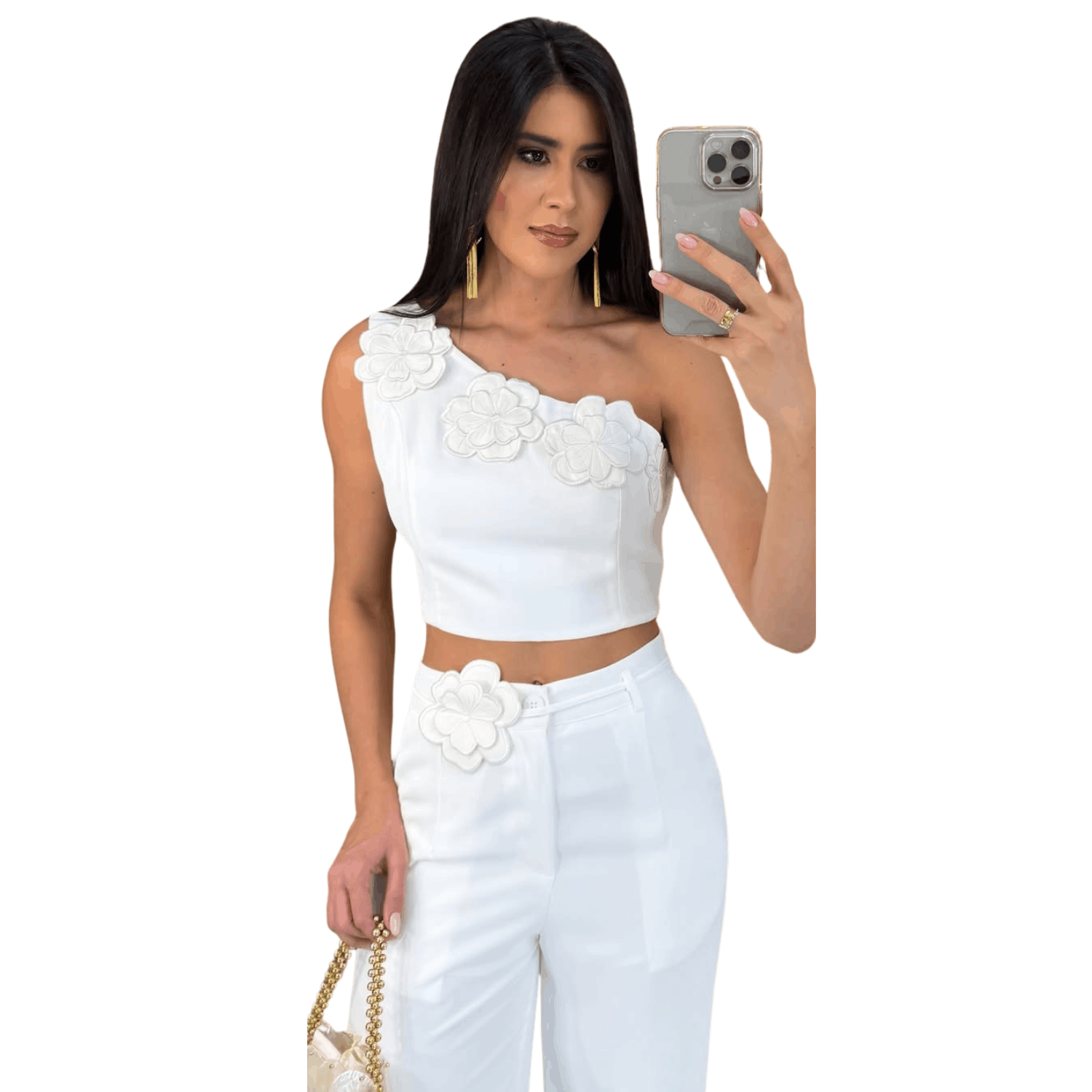 Women's white one shoulder floral detail crop top with matching high waist pants two piece outfit