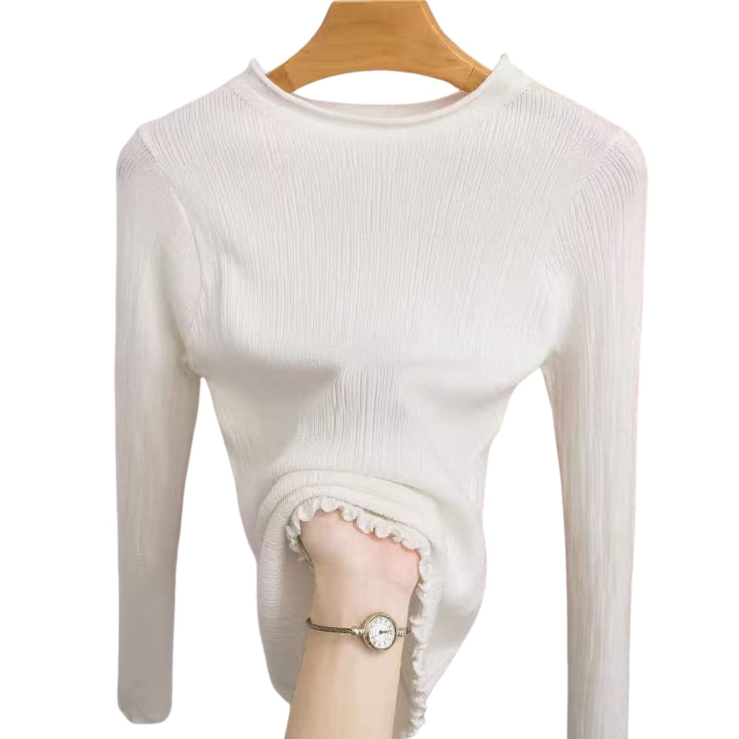 White ribbed long sleeve top with frill cuffs, soft fitted women’s casual knit shirt