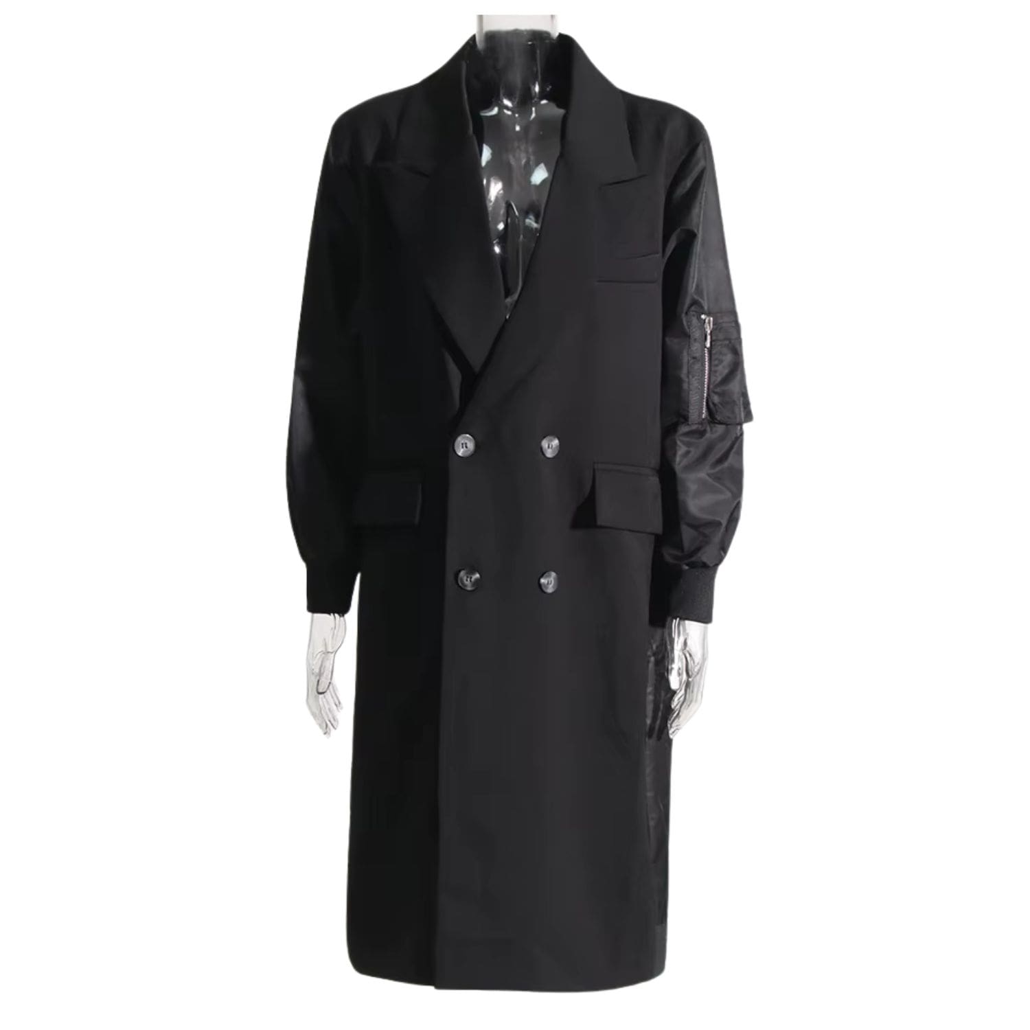 Women's black double-breasted long trench coat with bomber-style sleeves