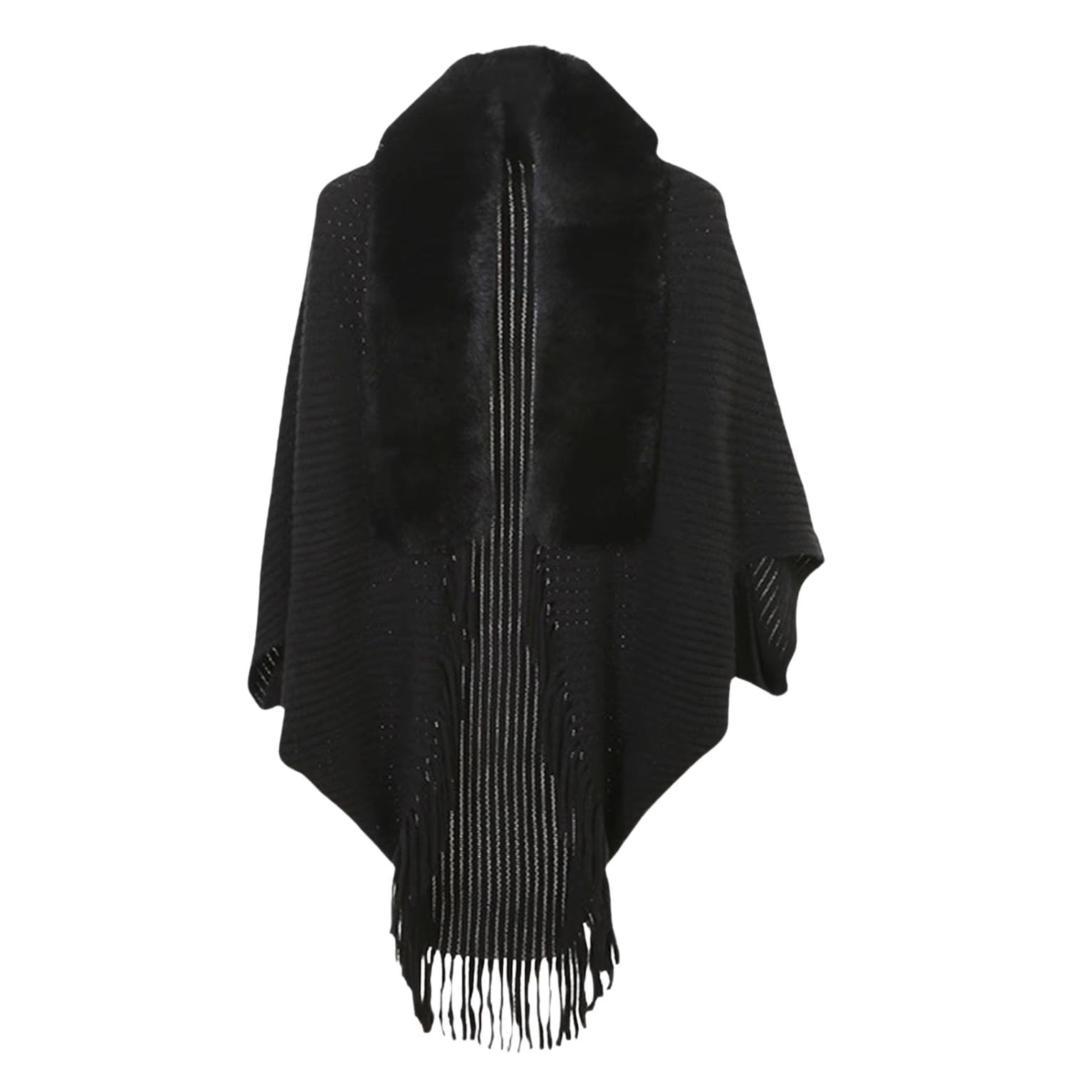 Black faux fur trim knit shawl with fringe detailing displayed on hanger.