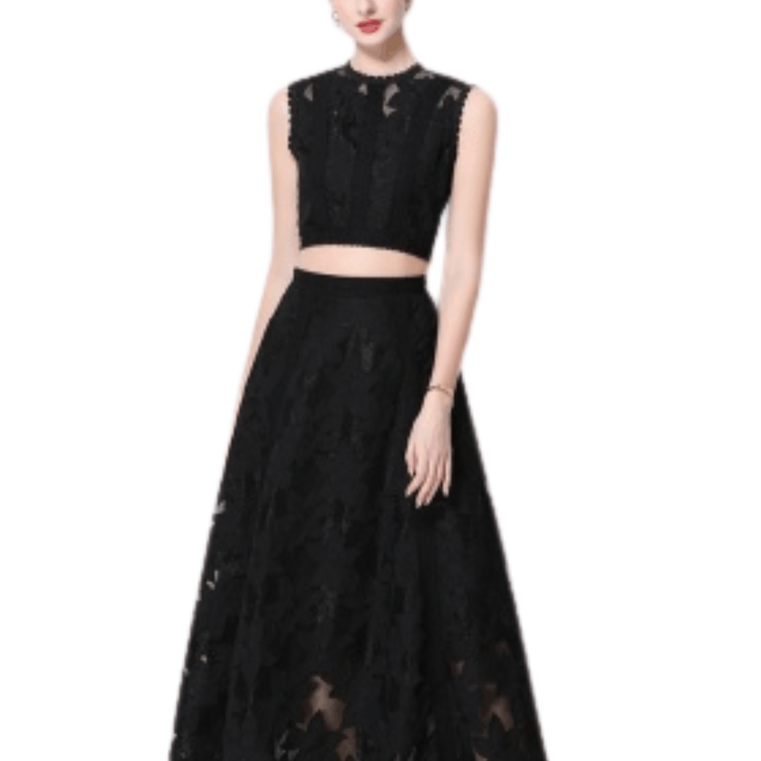 Woman wearing a black lace two piece set with sleeveless crop top and midi skirt