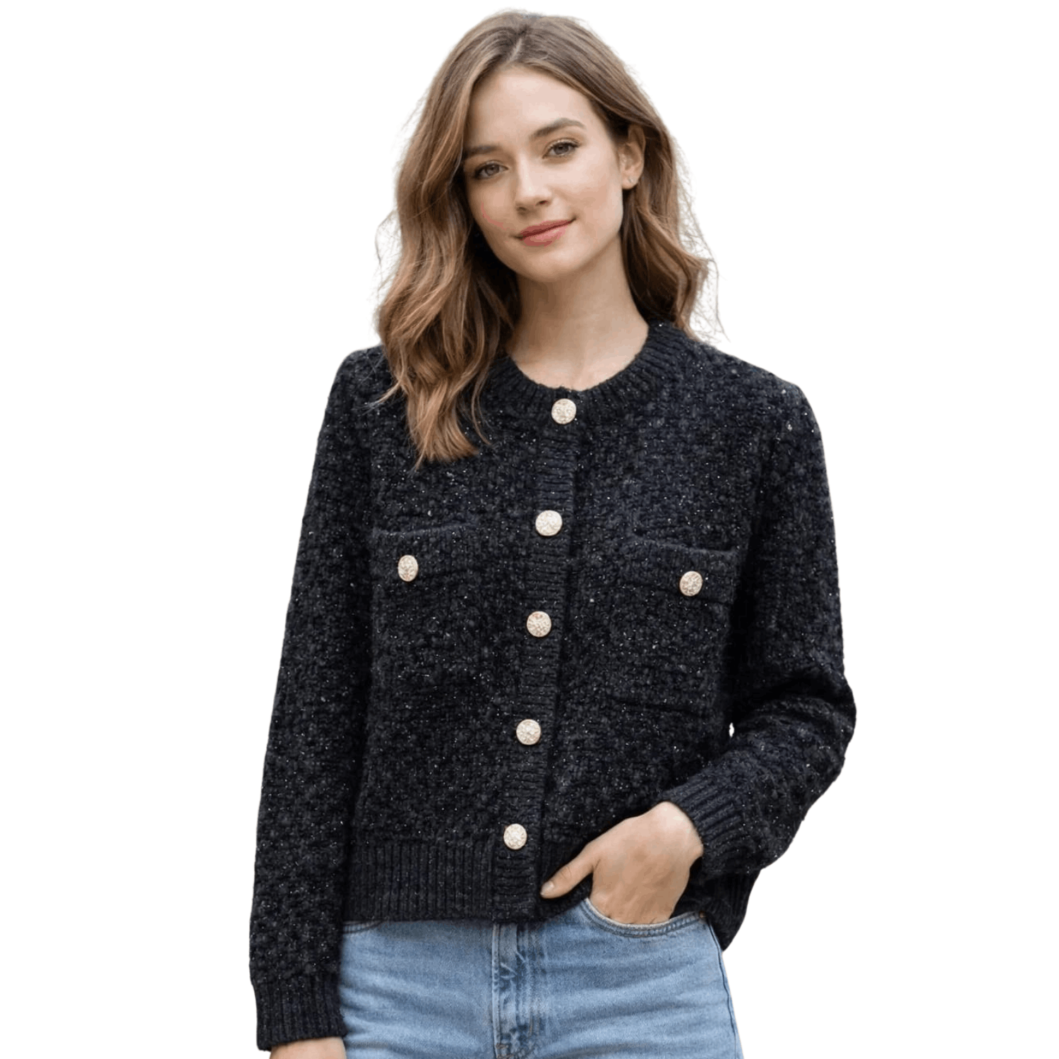 Women wearing a black textured knit cardigan with gold button details and front pockets, styled casually with blue jeans.