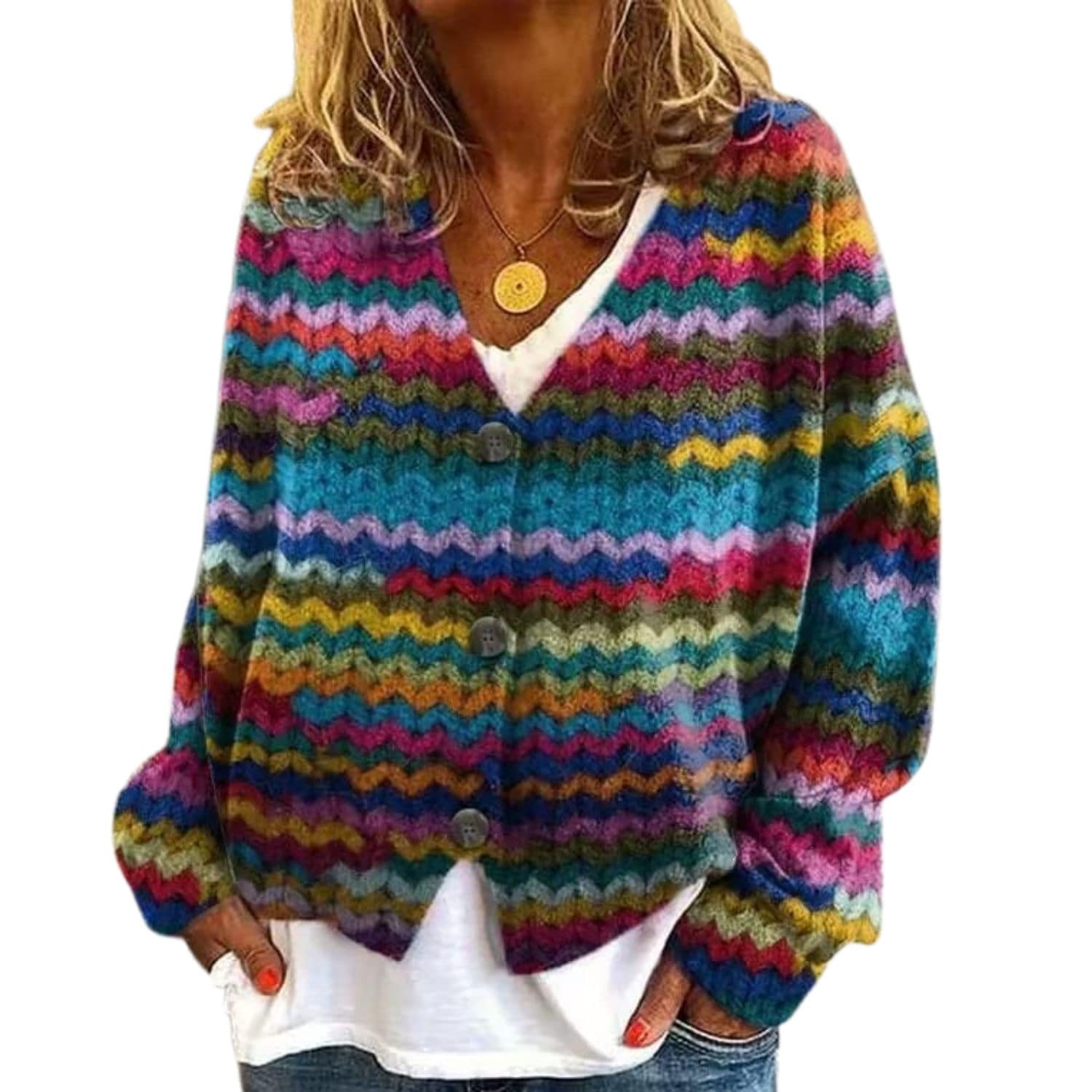 "Women’s multicolor zigzag knit cardigan with long sleeves and a casual V-neck design."