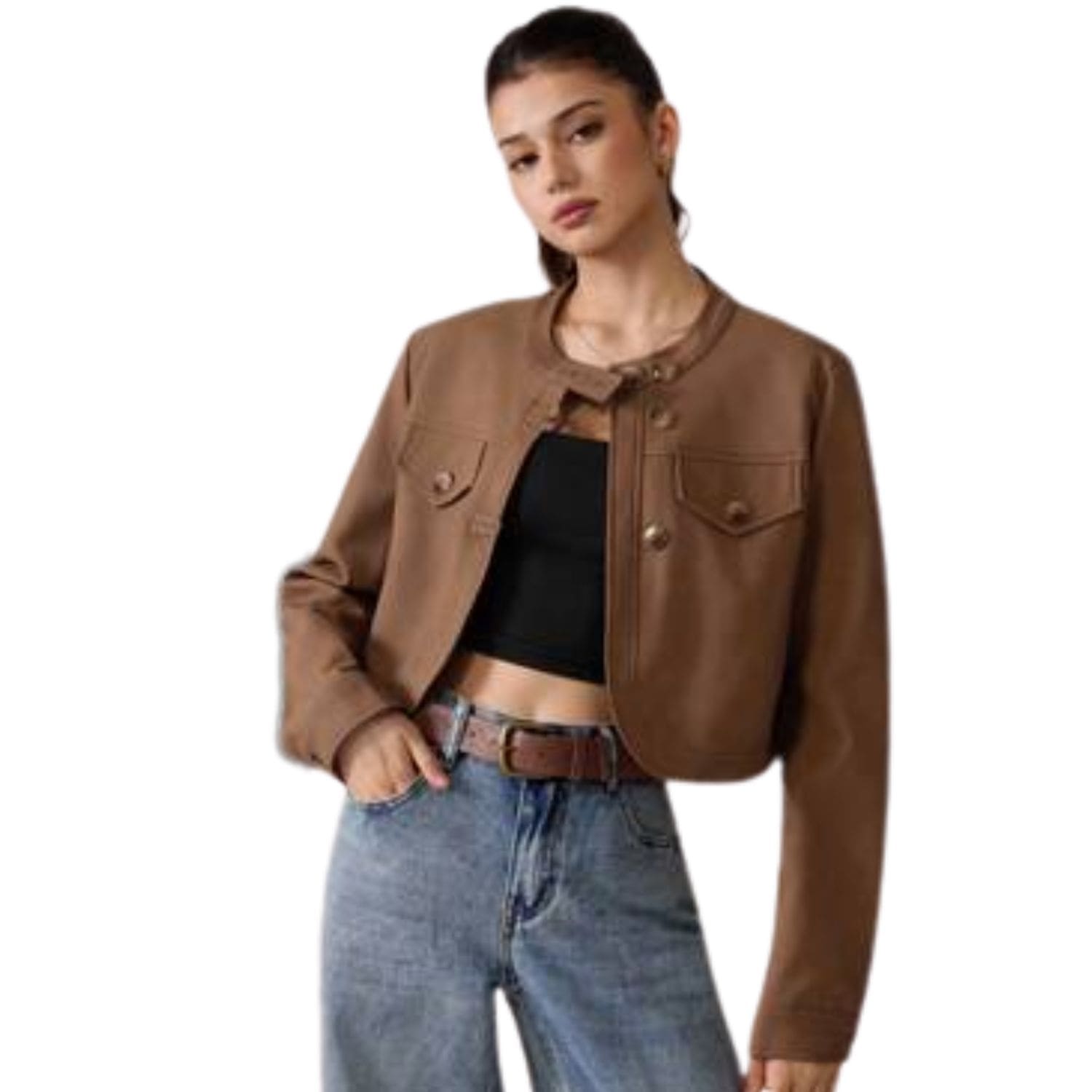 Women’s Cropped Brown Button-Up Jacket – Casual Long Sleeve Short Coat