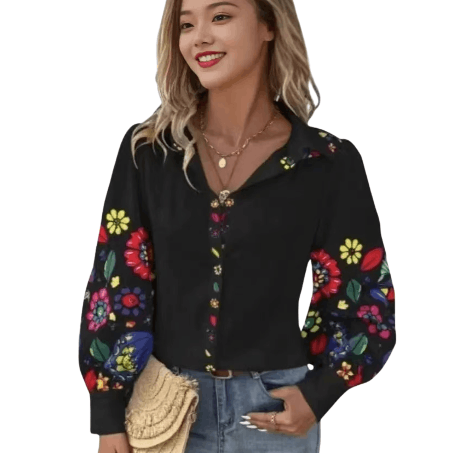 Women’s black floral print button-down long sleeve blouse featuring a collared neckline, colorful floral sleeves, and a casual elegant fit.