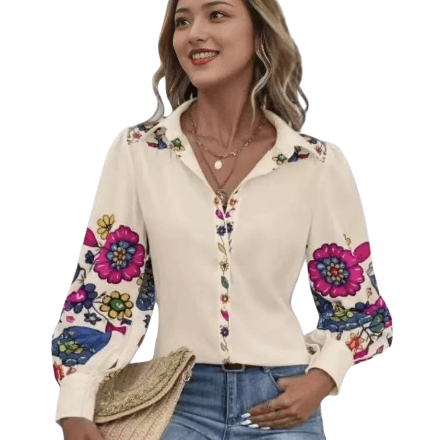 Women’s white floral print button-down long sleeve blouse featuring a collared neckline, colorful floral sleeves, and a casual elegant fit.