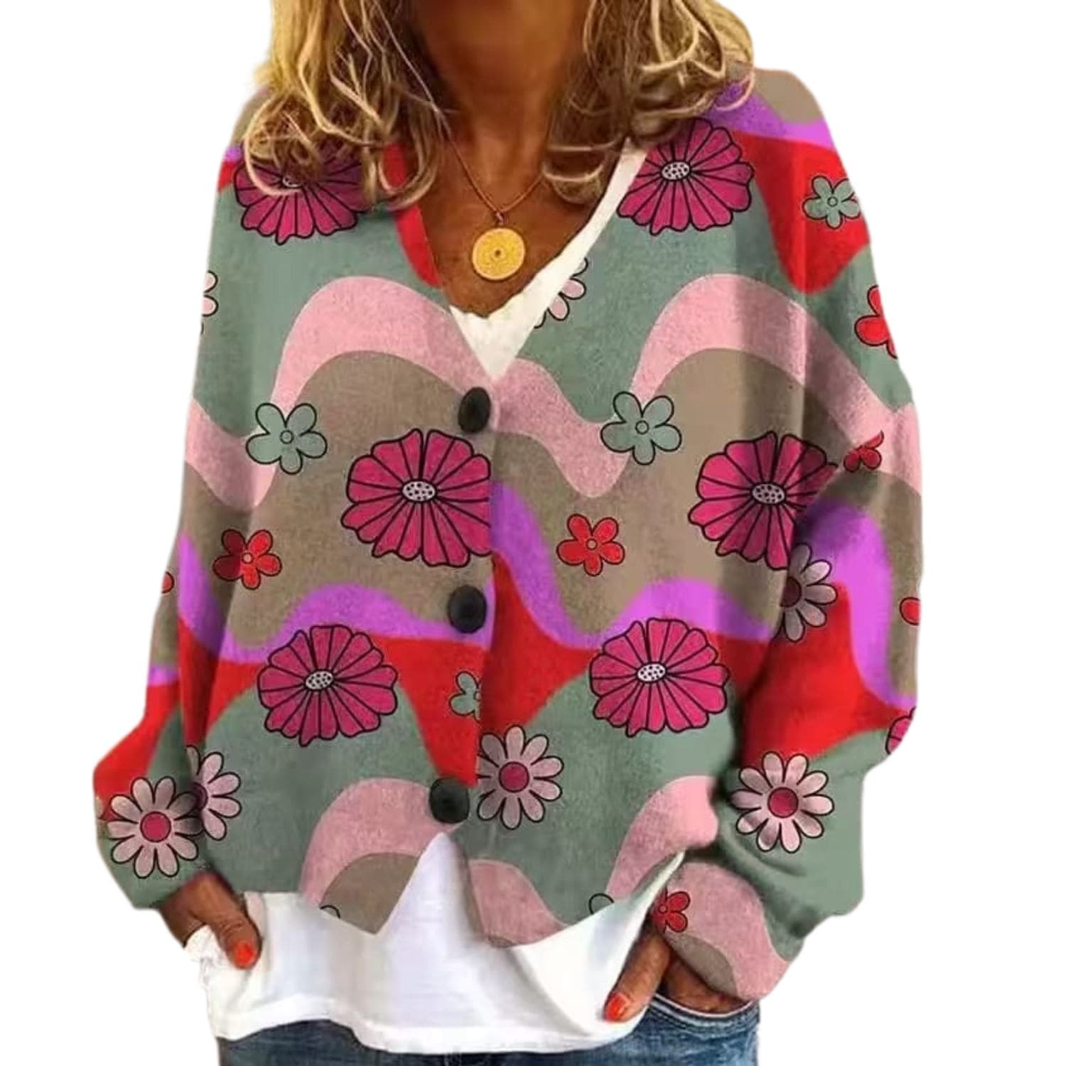Women’s colorful floral print cardigan with long sleeves, button front, and vintage-inspired design.
