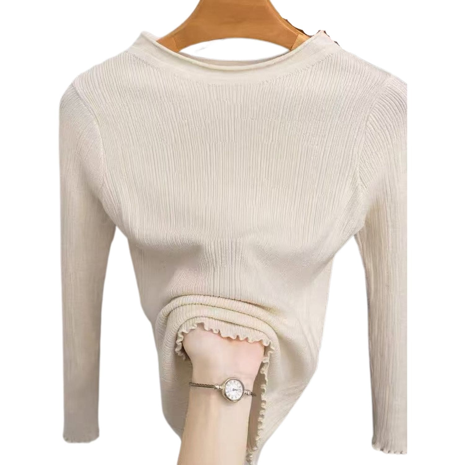 Women’s cream lace trim ribbed knit long sleeve top, elegant slim fit sweater