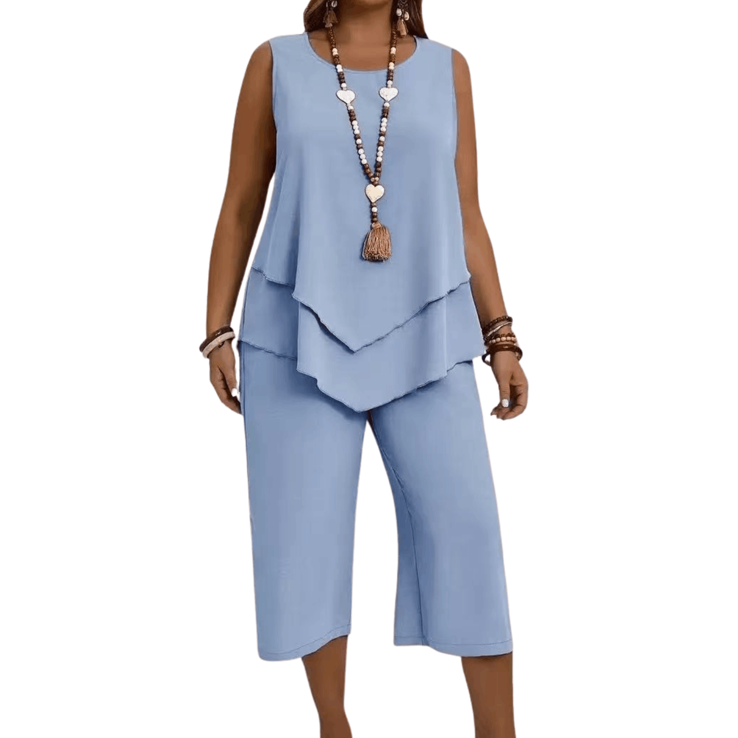 Women’s sleeveless layered top with matching wide-leg cropped pants two-piece casual outfit set featuring a relaxed fit and flowy silhouette in light blue.