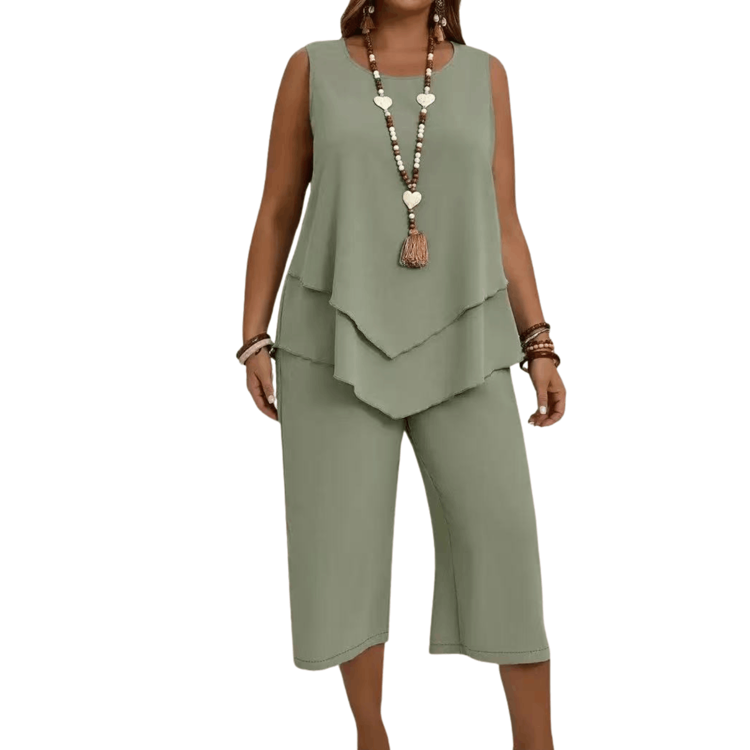 Women’s sleeveless layered top with matching wide-leg cropped pants two-piece casual outfit set featuring a relaxed fit and flowy silhouette in sage green.