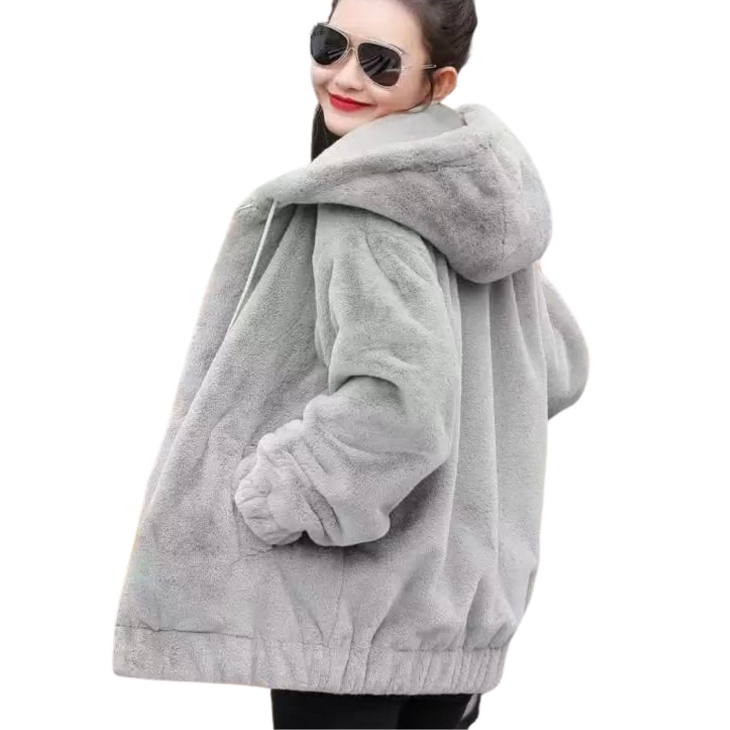 "Back view of women's light grey faux fur hooded winter jacket."