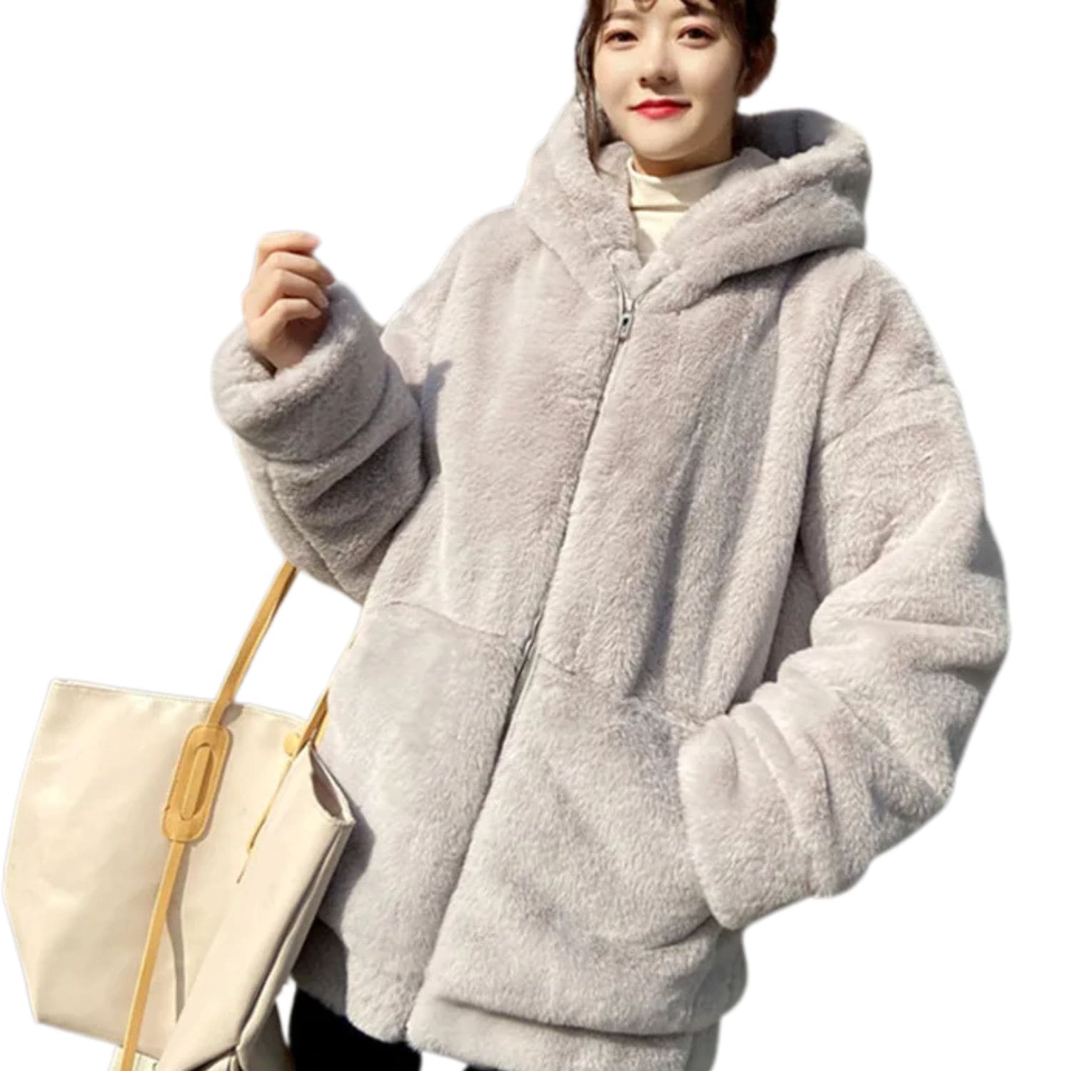 "Women's light grey faux fur hooded winter jacket with zip closure."