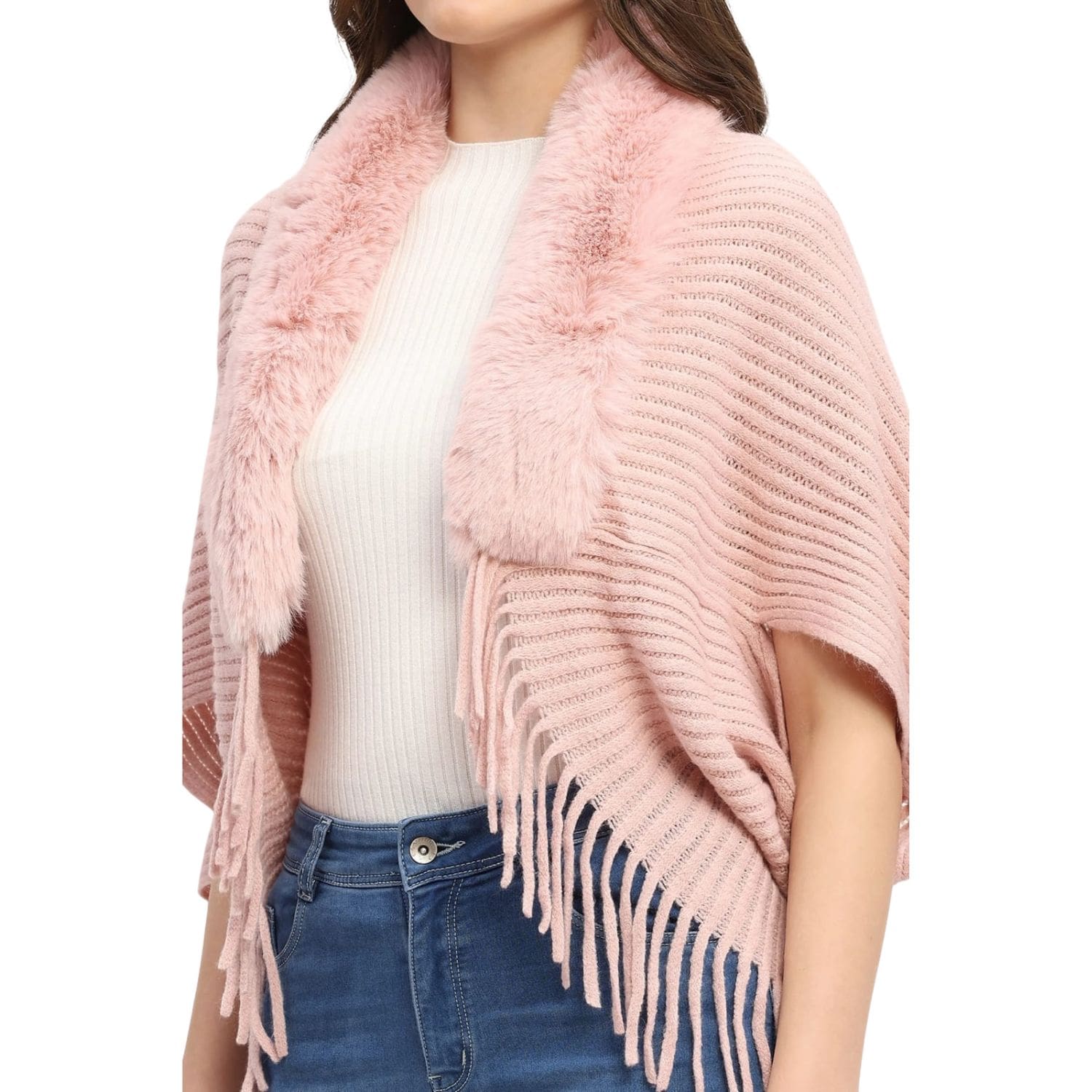 Woman wearing a pink faux fur trim knit shawl with fringe detailing