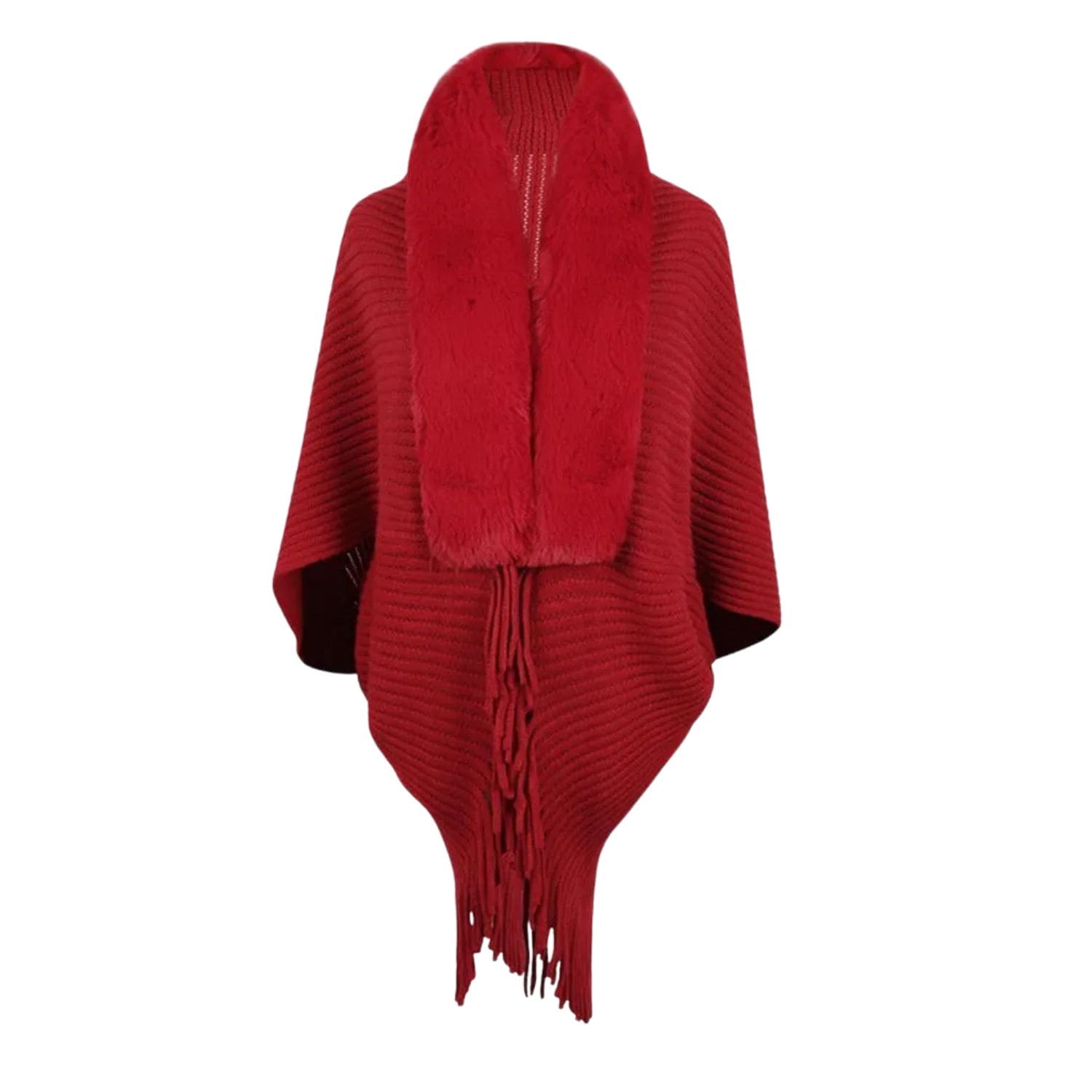 Red faux fur trim knit shawl with fringe detailing displayed on hanger.
