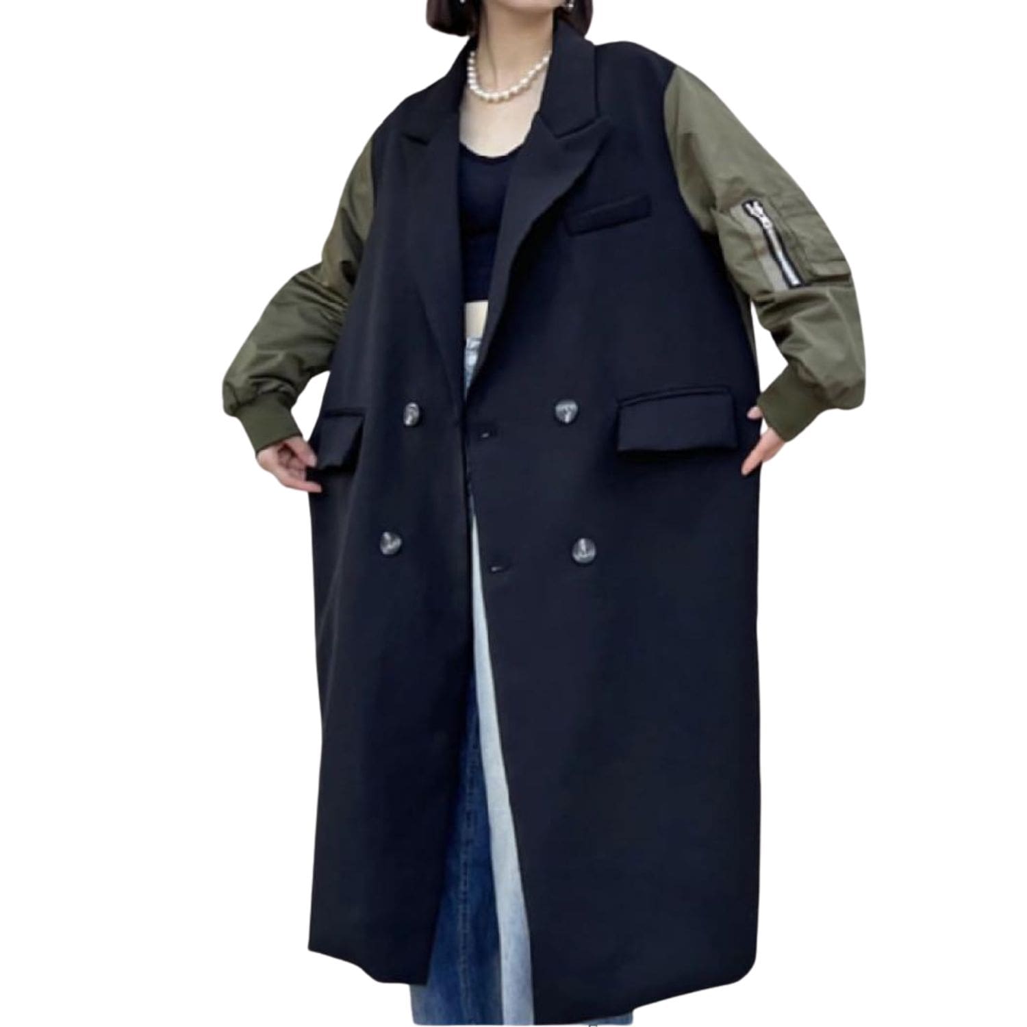 Women’s oversized two-tone long coat with bomber-style sleeves and double-breasted front