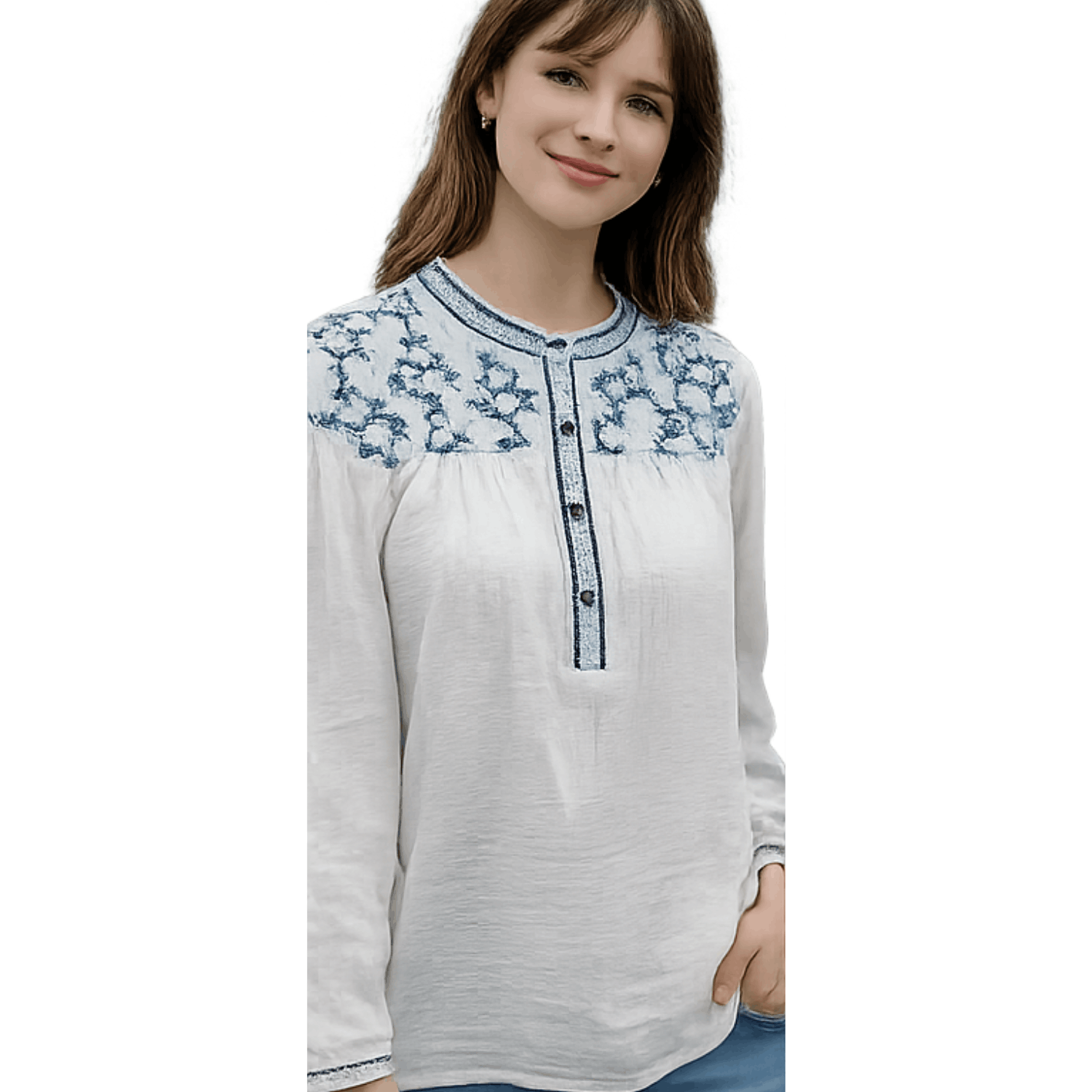 Woman wearing a white embroidered long sleeve henley blouse with blue floral embroidery