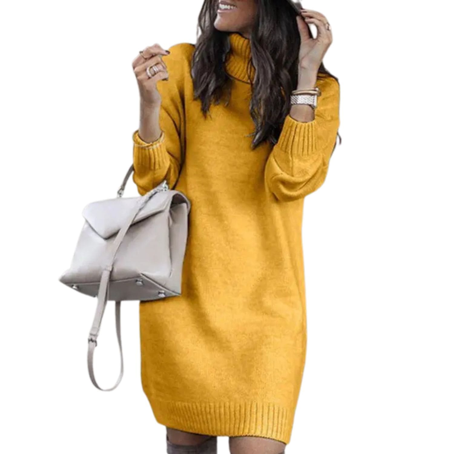 Women’s yellow turtleneck sweater dress with long sleeves, ribbed cuffs, and a relaxed fit.
